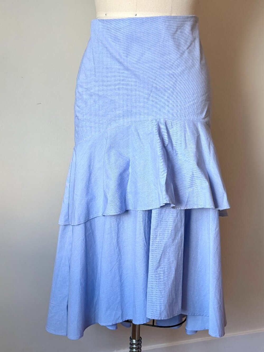 Banana Republic Midi Skirt | Blue Tiered Ruffle Skirt | Petite S | Cotton Blend